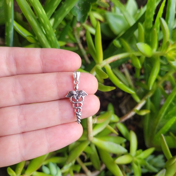 New Solid 925 Sterling Silver Simple Caduceus Staff of Hermes Pendant - Picture 1 of 6